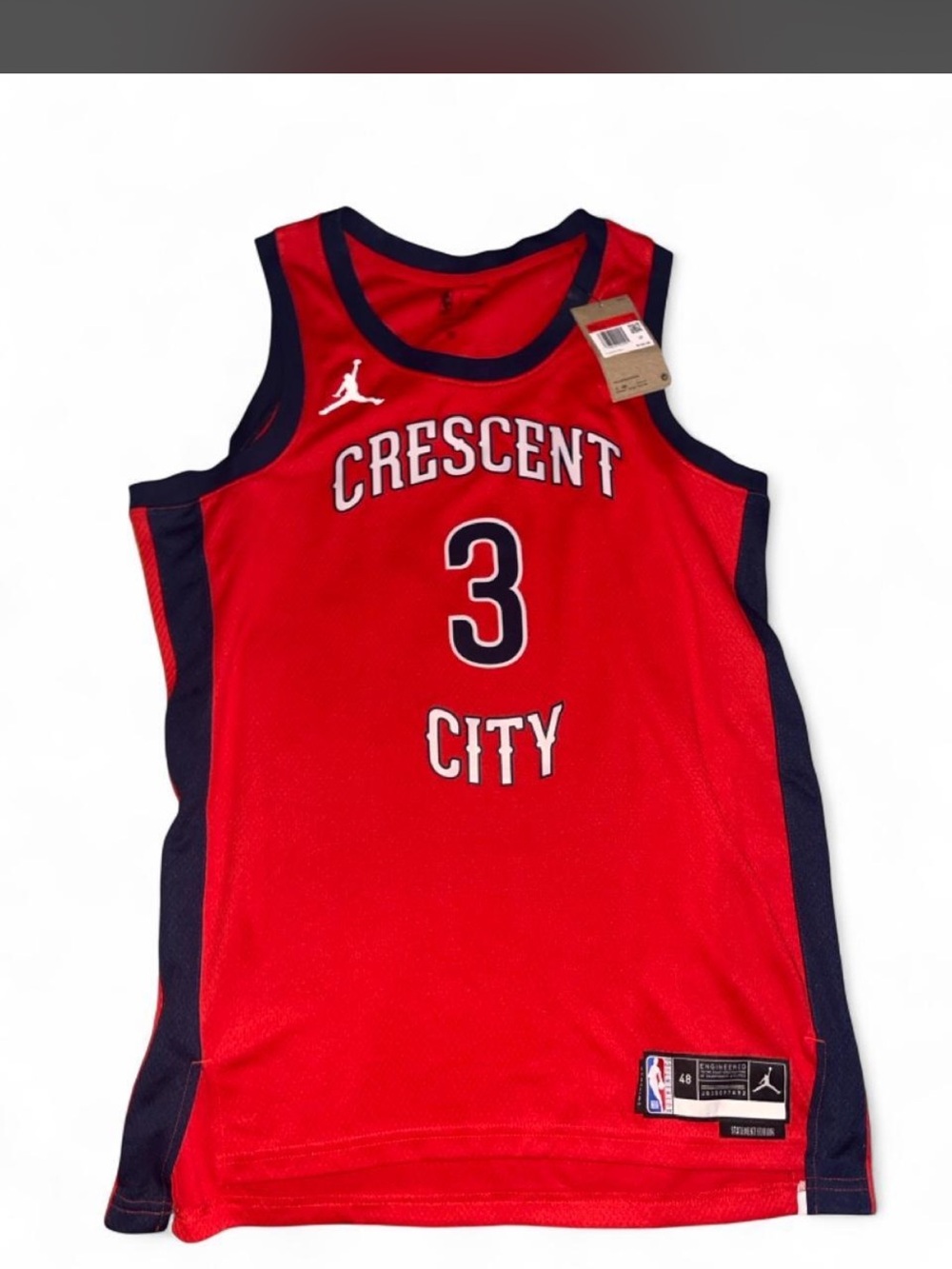 Jordan Red Crescent City #3 Basketball Jersey with Navy Trim